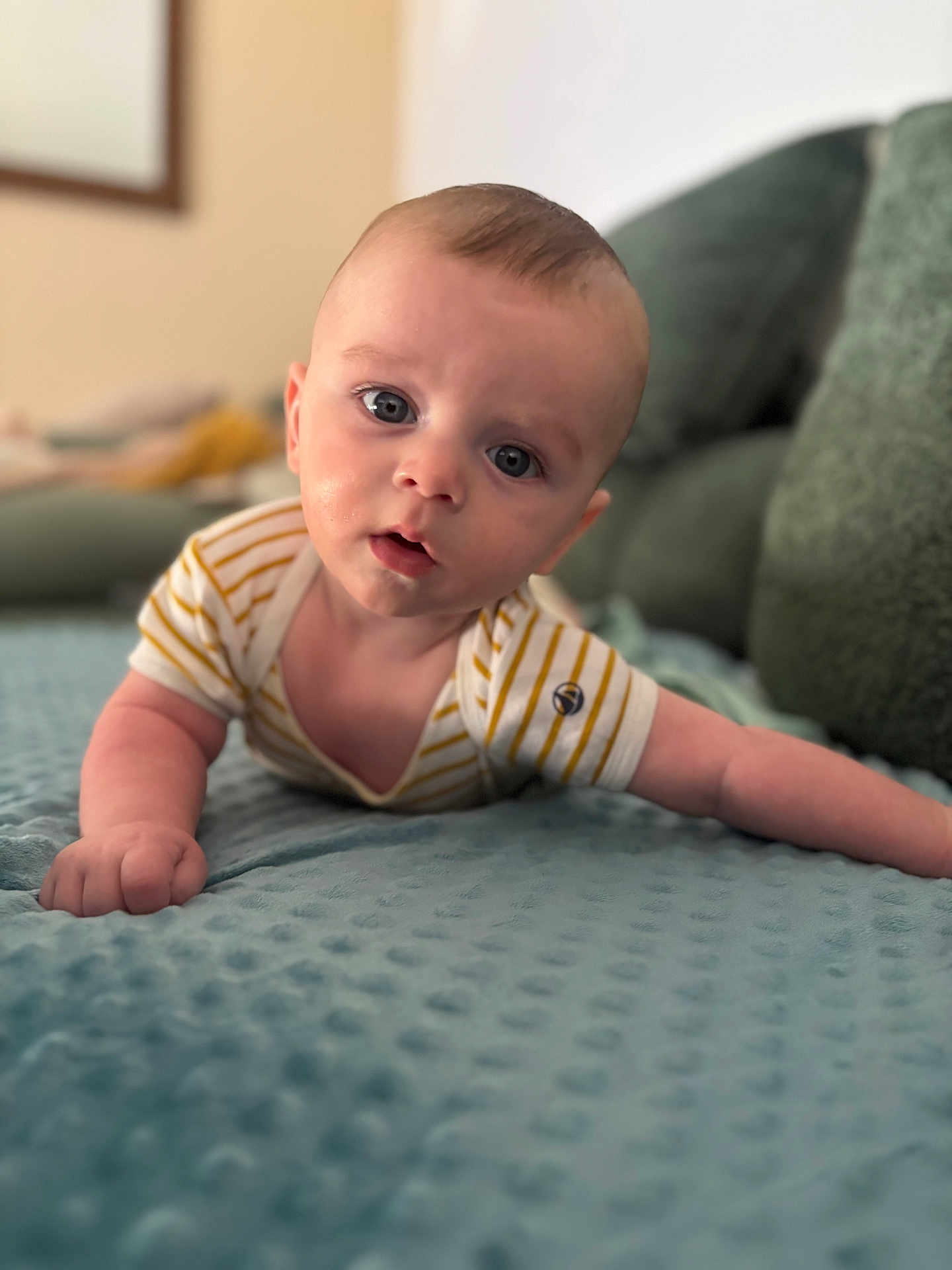 Paul a rejoint le concours — aidez-le/la à gagner de superbes lots ! baby, infant, blue_eyes, striped_clothing, blanket, couch, indoor, person, child, cute, portrait, close_up, soft_focus, head, face, skin, expression, young, lying_down, home