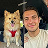 dog, pet, smiling, person, car_interior, red_harness, tongue_out, happy, young_adult, split_image, side_by_side, portrait, casual, indoor, seat, window, face, fur, animal, human