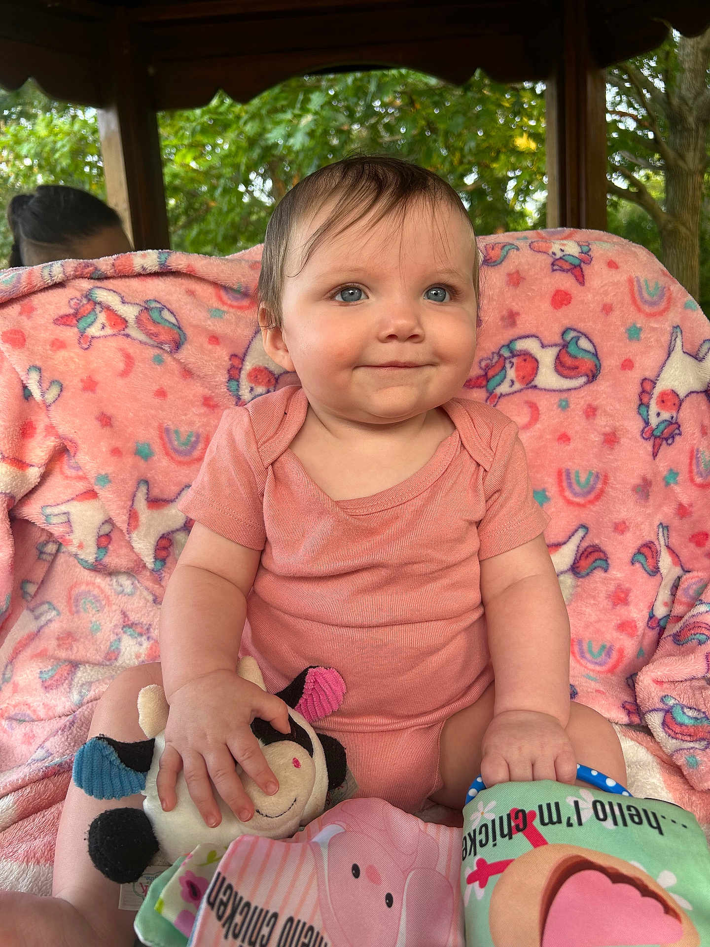 Rowyn is registered to the contest to win money with this photo: baby, child, blue_eyes, plush_toy, unicorn_blanket, pink_onesie, outdoor, gazebo, greenery, soft_toy, colorful, cute, smiling, seated, portrait, infant, playful, happy, toy, blanket