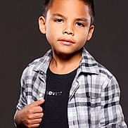 Alejandro is registered to the contest to win money with this photo: child, boy, portrait, face, black_tshirt, checkered_shirt, casual_clothing, short_hair, standing, studio_lighting, solid_background, young, confident, smirk, fashion, posing, hands, looking_at_camera, indoor, person