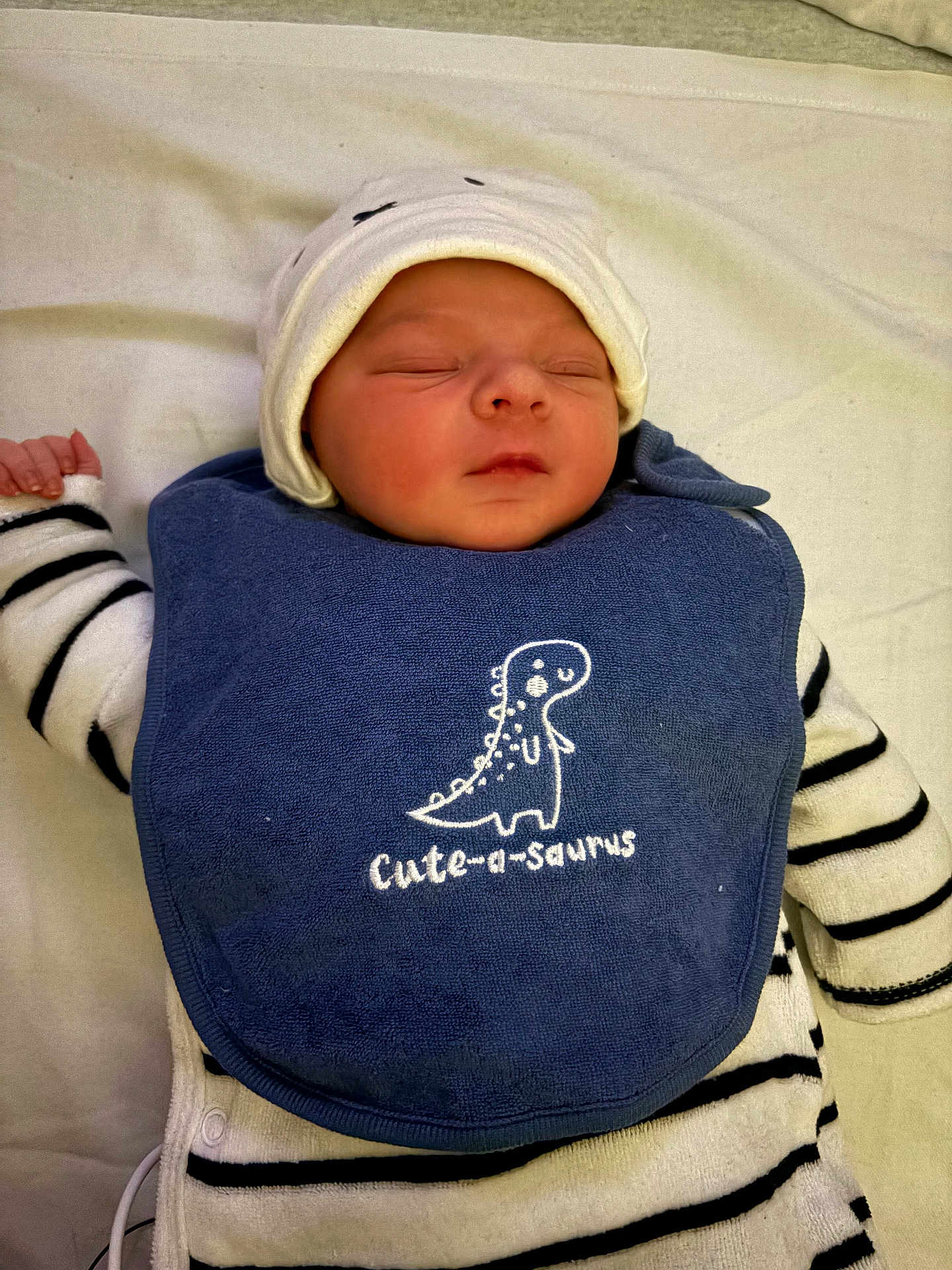 Ilyan a rejoint le concours — aidez-le/la à gagner de superbes lots ! baby, sleeping, bib, dinosaur, hat, striped_clothing, infant, cute, peaceful, lying_down, soft_blanket, white_hat, navy_bib, child, newborn, adorable, face, closed_eyes, small_hands, cozy