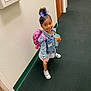 Alani joined the competition — help win amazing prizes! child, girl, hallway, backpack, denim_jacket, blue_bow, sippy_cup, sneakers, smile, carpet, door, wall, pose, happy, cute, indoor, young_child, fashion, accessory, person