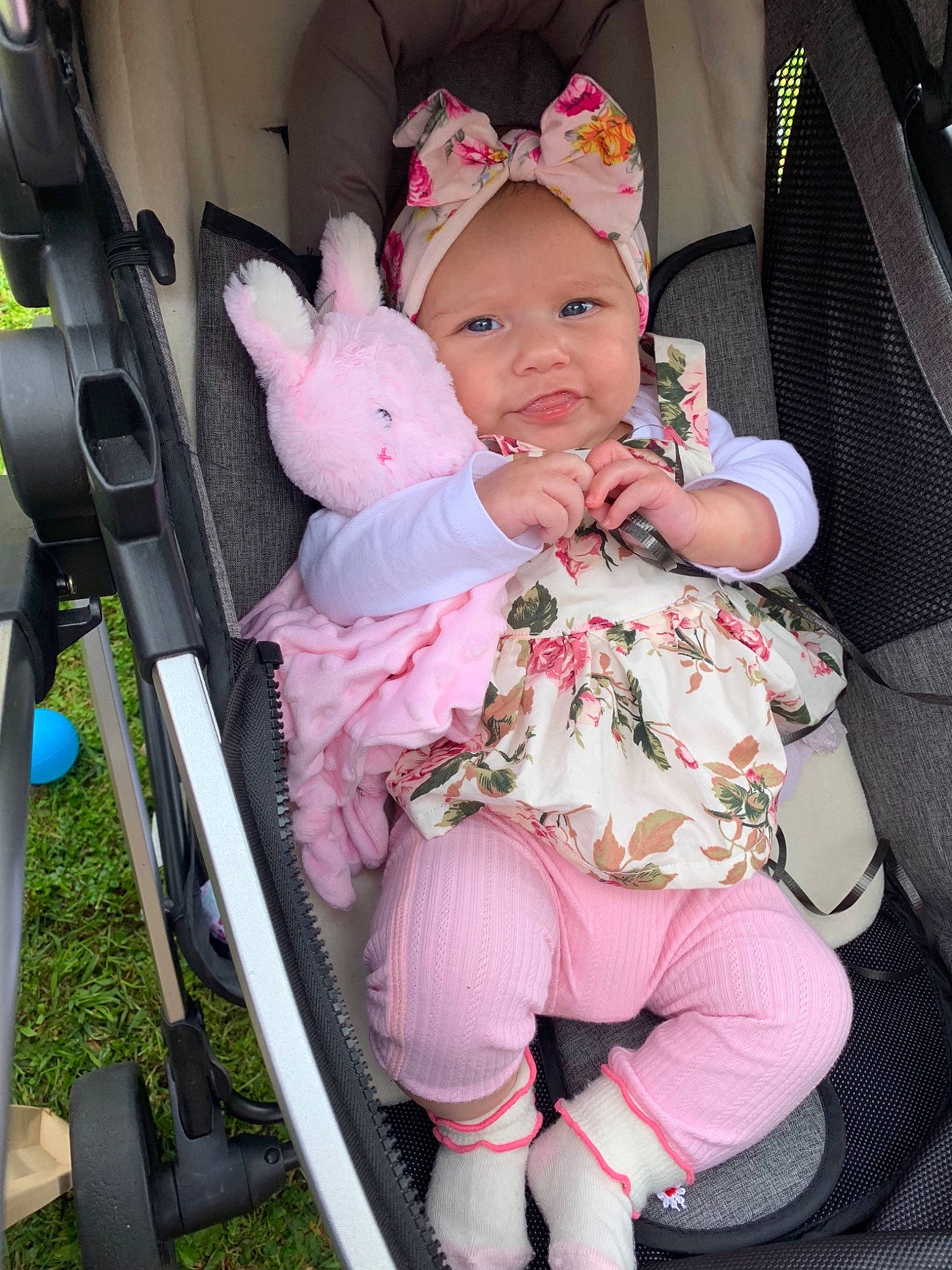 Amyah joined the competition — help win amazing prizes! baby, baby_carriage, baby_in_car_seat, baby_products, car_seat, child, daughter, person, pink, plant, product, sitting, skin, smile, toddler