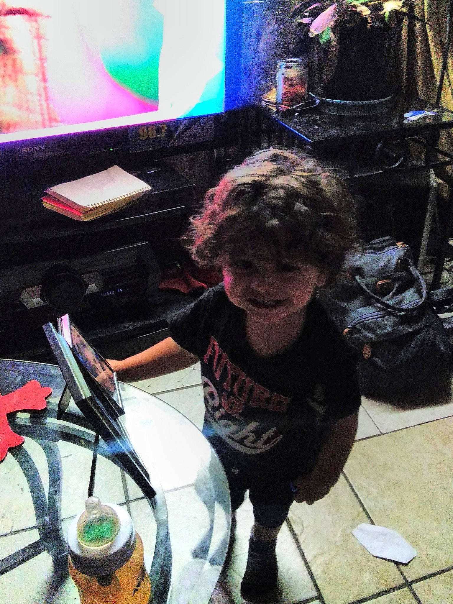 Dominick joined the competition — help win amazing prizes! artist, audio_equipment, electronic_device, electronic_instrument, entertainment, event, flash_photography, fun, gadget, joy, leisure, magenta, microphone, music, musician, performance, person, smile, snapshot, t_shirt