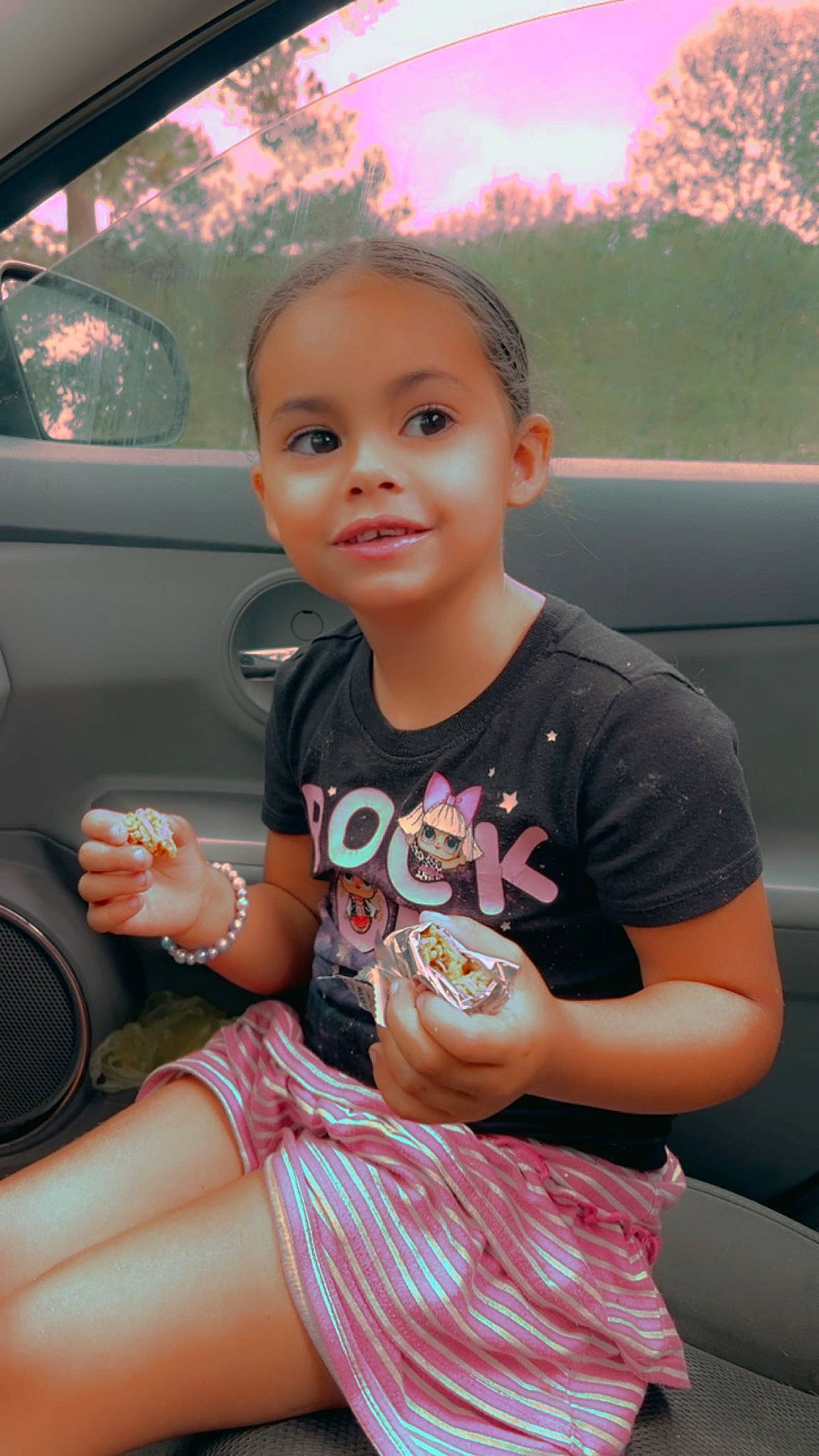 Da'Lylah joined the competition — help win amazing prizes! arm, automotive_design, automotive_lighting, black_hair, cool, facial_expression, finger, hair, hairstyle, happy, head, joy, leisure, motor_vehicle, person, pink, skin, smile, thigh, thumb