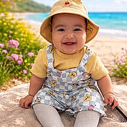 Imran participe au concours pour gagner de l'argent avec cette photo : baby, child, smiling, hat, overalls, beach, sand, comb, flowers, ocean, sky, outdoor, sunny, cute, sitting, happy, toddler, yellow_shirt, nature, portrait