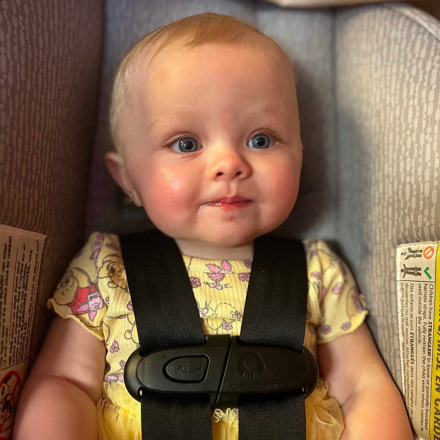 Alyssa is registered to the contest to win money with this photo: baby, blue_eyes, car_seat, child, closeup, cute, cute_outfit, face, happy, indoor, infant, person, portrait, safety_harness, seatbelt, secure, skin, smiling, yellow_clothing, young_child