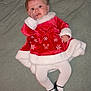 baby, infant, child, holiday_outfit, red_dress, white_trim, snowflake_pattern, black_shoes, white_tights, lying_down, bed, blanket, cute, portrait, indoors, soft_texture, festive, holiday, sucking_thumb, young_child