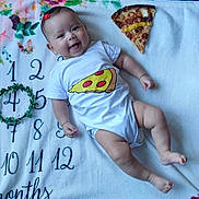 Anya participe au concours pour gagner de l'argent avec cette photo : baby, infant, smiling, onesie, pizza_slice, blanket, milestone_blanket, months, flower_pattern, red_bow, cute, happy, lying_down, indoors, child, face, skin, hand, foot, playful