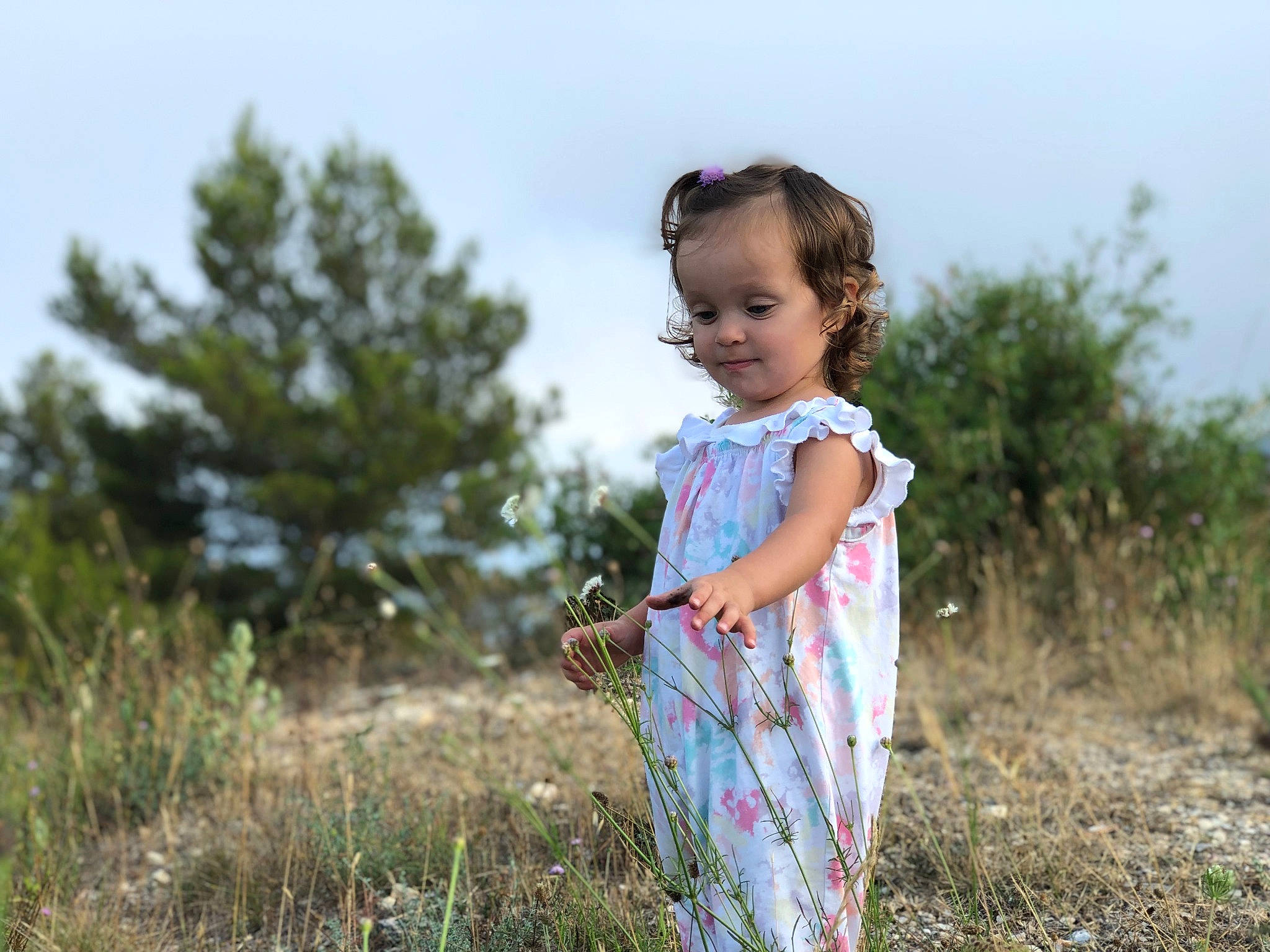 Nicole a rejoint le concours — aidez-le/la à gagner de superbes lots ! baby_toddler_clothing, day_dress, dress, electric_blue, field, grass, grass_family, grassland, happy, landscape, meadow, pattern, people_in_nature, person, plant, prairie, sky, sleeve, smile, toddler
