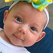 Ayla joined the competition — help win amazing prizes! baby, infant, headband, bow, smile, blue_eyes, white_clothing, person, portrait, cute, child, skin, cheeks, arm, sitting, happy, closeup, indoor, human, face