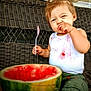 baby, cream, cutlery, dessert, eating, face, food, fork, fruit, head, icecream, melon, person, photography, plant, portrait, produce, spoon, summer, watermelon