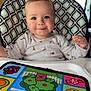 Colton is registered to the contest to win money with this photo: baby, child, high_chair, smile, indoor, play_mat, colorful, patterned, shirt, animal_print, face, person, blue_eyes, happy, cute, table, toy, home, window, light