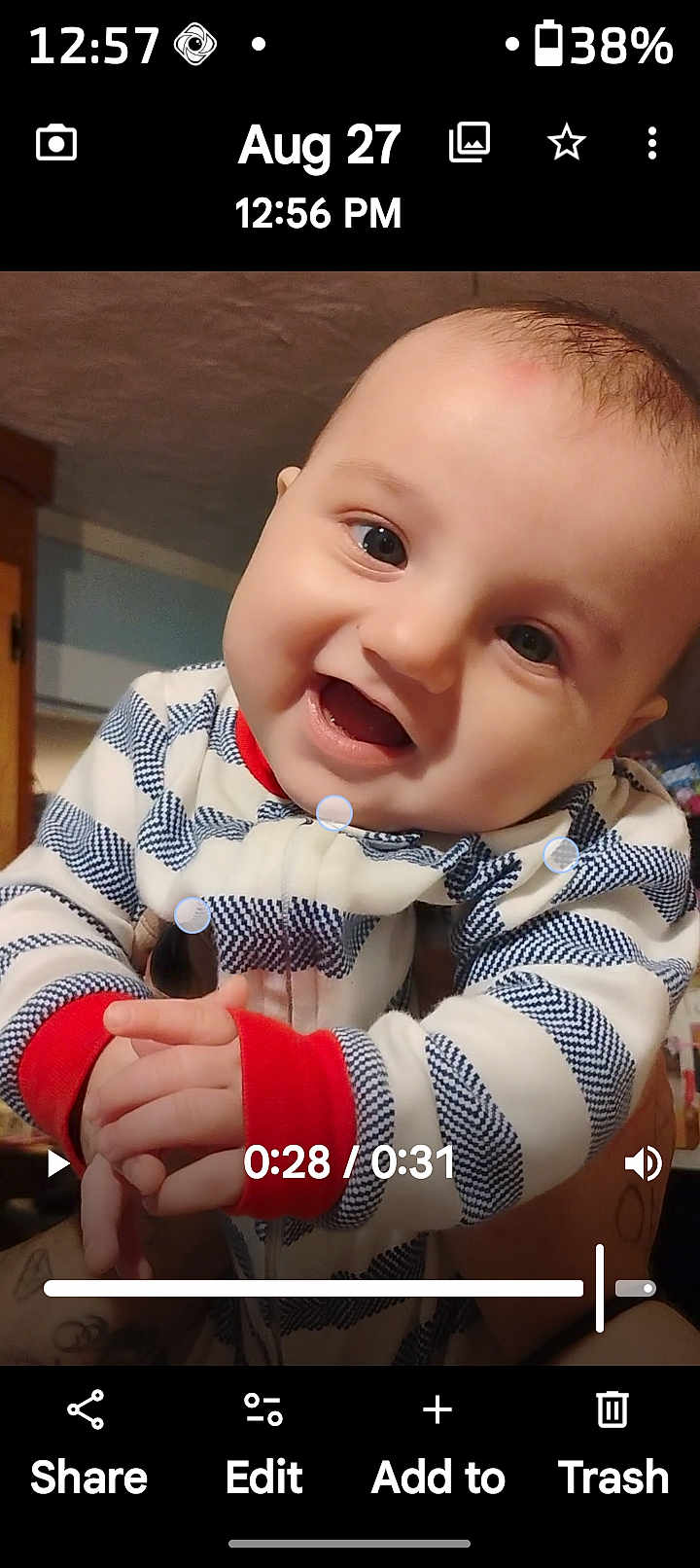 Emmett joined the competition — help win amazing prizes! baby, child, smiling, indoor, onesie, clothing, hands, happy, portrait, face, infant, cute, young, person, closeup, human, expression, babywear, background, home