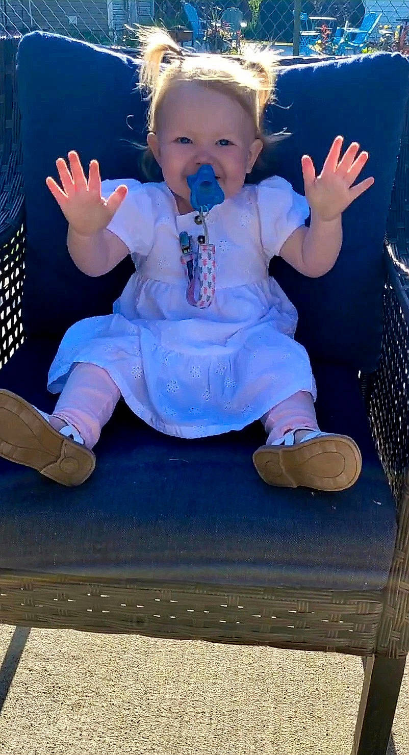 Gabriella is registered to the contest to win money with this photo: azure, baby, baby_toddler_clothing, blue, child, cool, electric_blue, finger, flash_photography, fun, hairstyle, happy, leg, leisure, person, pink, purple, sleeve, standing, toddler