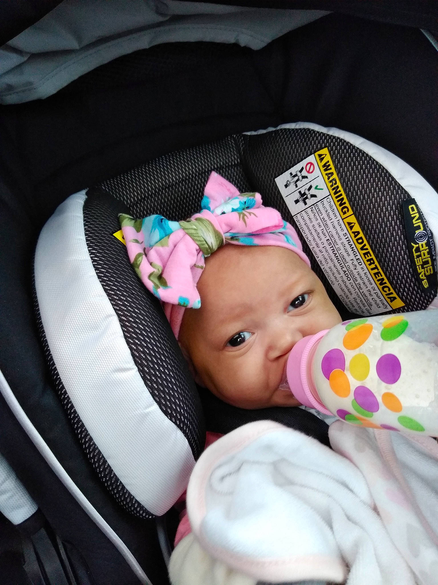 Finlay joined the competition — help win amazing prizes! baby_products, car_seat, child, eye, fun, girl, headgear, infant, person, pink, product, toddler