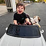 child, toddler, smiling, toy_car, dog, pet, outdoor, street, suburban, happy, black_shirt, short_hair, daylight, playful, vehicle, steering_wheel, cute, pet_collar, animal, fun
