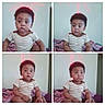 Noah is registered to the contest to win money with this photo: toddler, child, striped_shirt, indoor, bed, blanket, purple, pink, expression, multiple_shots, portrait, face, hair, light, string_lights, red_lights, wall, door, sitting, person