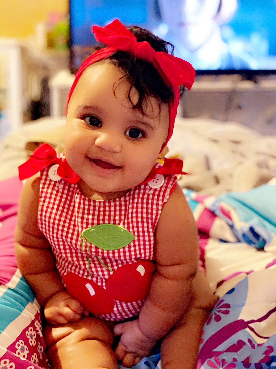 Jordynn joined the competition — help win amazing prizes! baby, baby_laughing, baby_products, baby_toddler_clothing, baby_toys, child, costume_accessory, costume_hat, eye, fashion_accessory, hair_accessory, headgear, linens, nail, overall, person, pink, sock, toddler
