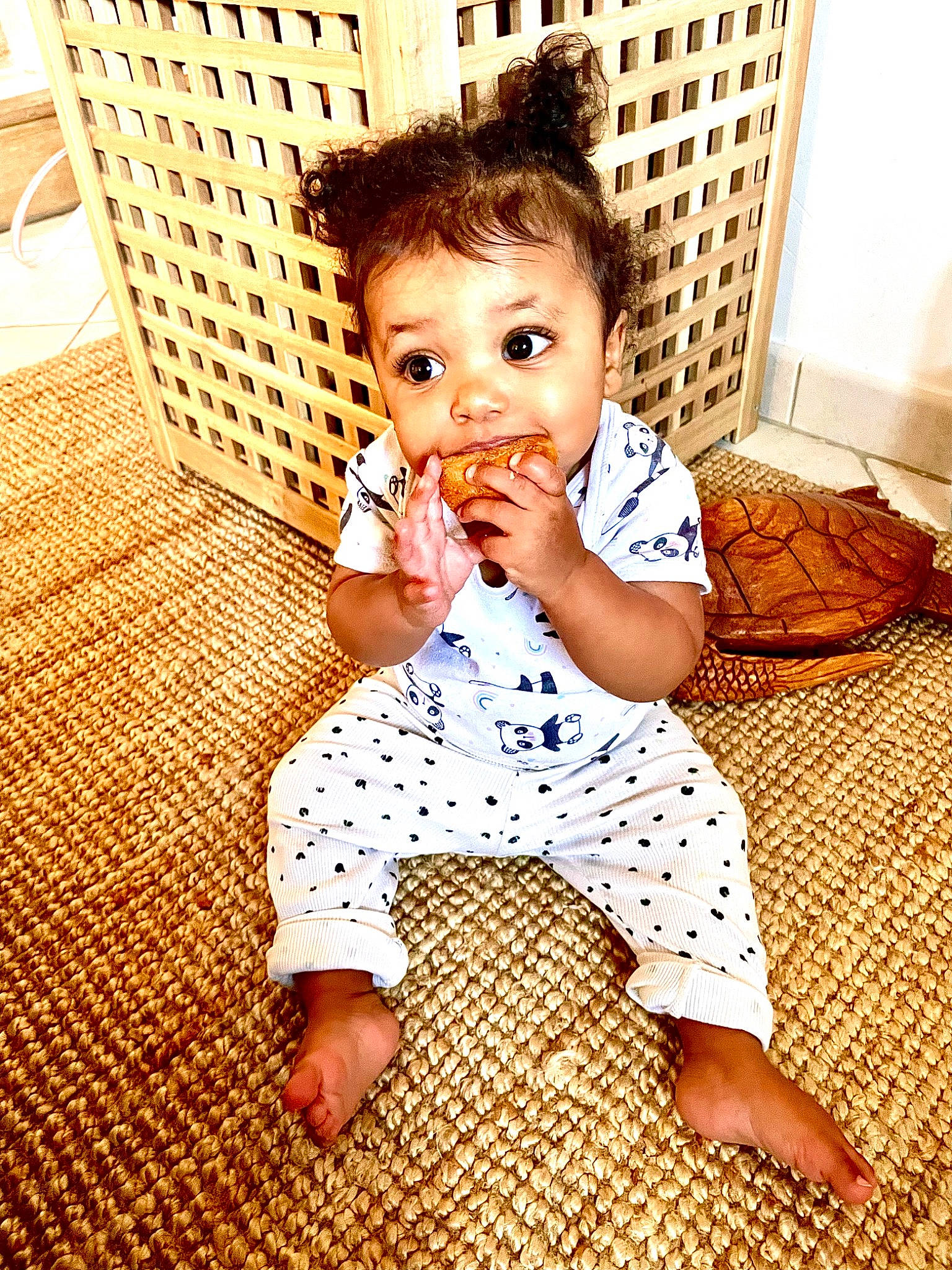 Naïa participe au concours pour gagner de l'argent avec cette photo : baby, baby_toddler_clothing, barefoot, child, facial_expression, floor, flooring, foot, fun, happy, human_leg, pattern, people_in_nature, person, sitting, skin, sleeve, standing, tints_and_shades, toddler