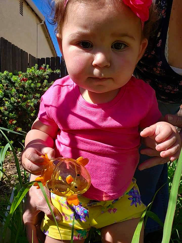 Miah joined the competition — help win amazing prizes! baby, child, ear, flower, iris, person, pink, plant, play, smile, toddler