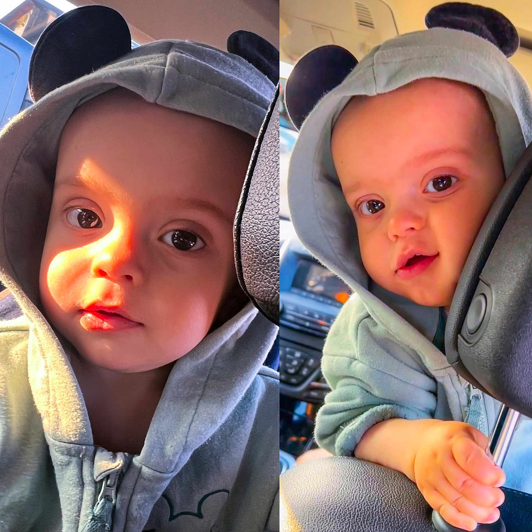 Mateo is registered to the contest to win money with this photo: baby, cap, clothing, coat, cushion, face, hat, head, homedecor, hood, hoodie, jacket, knitwear, person, photography, portrait, sweater, sweatshirt, transportation, vehicle