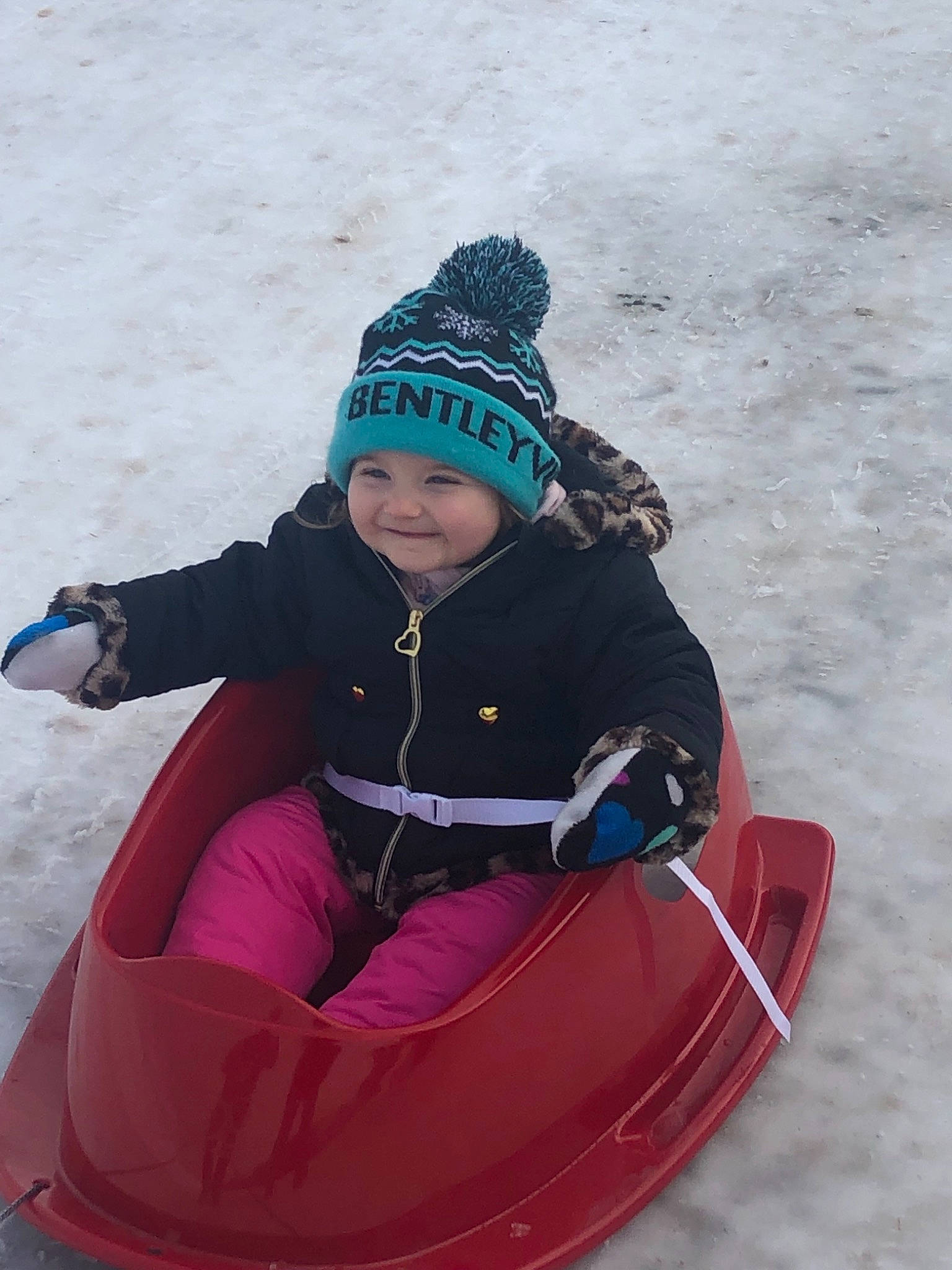 Alexis is registered to the contest to win money with this photo: fun, headgear, headwear, joy, person, playing_in_the_snow, recreation, sled, sledding, snow, vehicle, winter