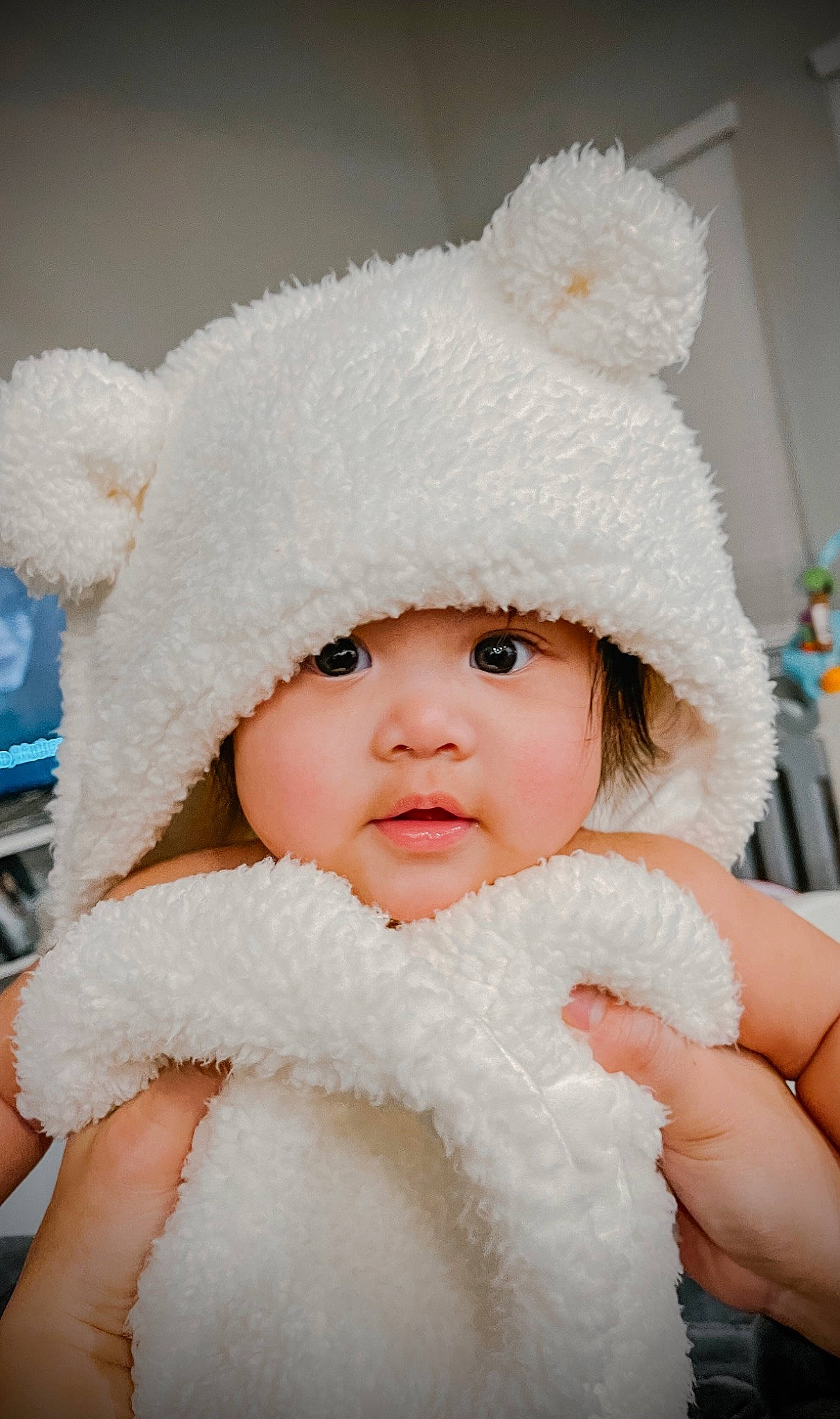 Alexandria joined the competition — help win amazing prizes! animal_product, baby, baby_toddler_clothing, cap, costume_hat, dress, embellishment, fawn, flash_photography, fur_clothing, happy, head, headgear, headpiece, headwear, iris, natural_material, outerwear, person, skin