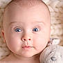 baby, infant, face, blue_eyes, plush_toy, stuffed_animal, knitted_blanket, soft_texture, close_up, cute, child, portrait, cuddly, indoors, newborn, expression, baby_skin, toy, comfort, sleeping_area