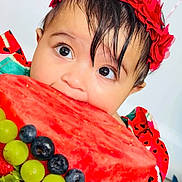 Taqdeer joined the competition — help win amazing prizes! baby, child, watermelon, fruit, grapes, blueberries, strawberries, headband, red_flower, cute, closeup, food, snack, healthy_eating, summer, portrait, bright_colors, happy, eyes, skin