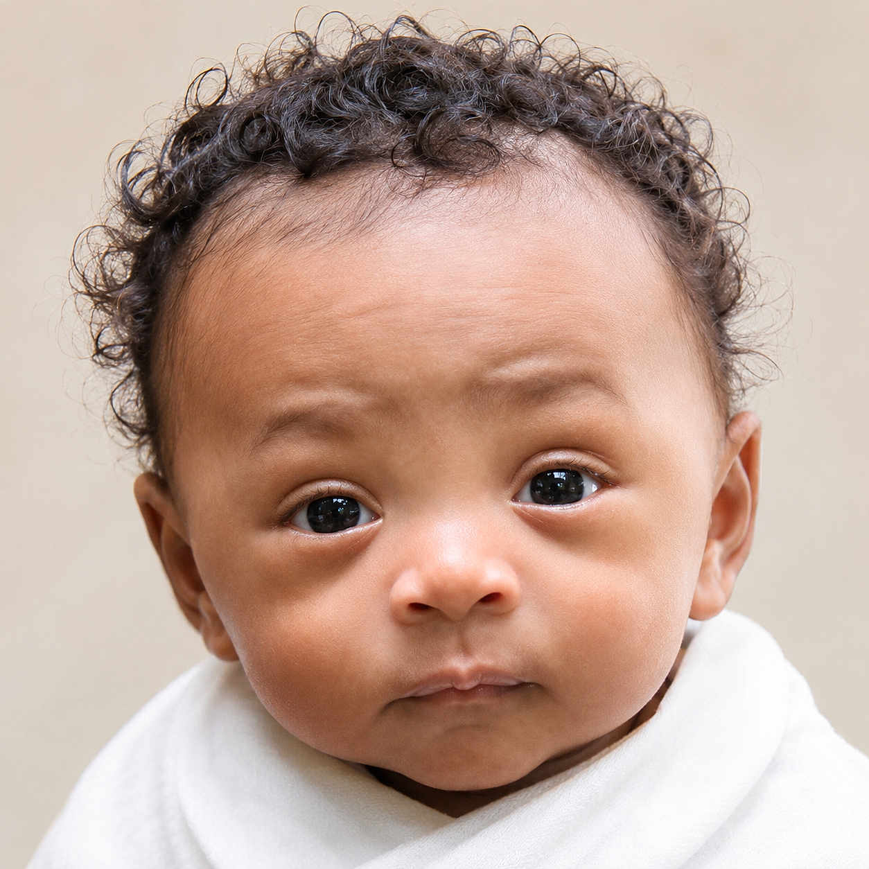 Kycere is registered to the contest to win money with this photo: adorable, baby, child, close_up, curious, curly_hair, cute, expression, eyes, face, head, infant, looking, newborn, person, portrait, skin, white_blanket, wrapped, young