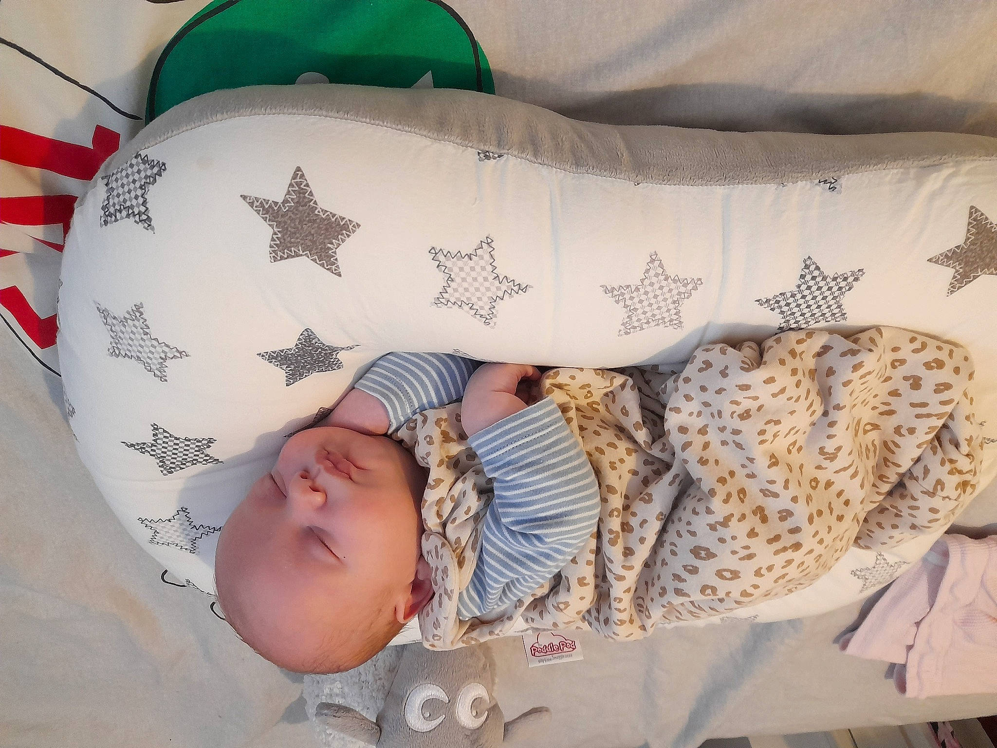 Nile is registered to the contest to win money with this photo: arm, baby, baby_toddler_clothing, bedding, child, comfort, couch, elbow, hand, leg, linens, pattern, person, pillow, sleeve, t_shirt, textile, thigh, toddler, vertebrate