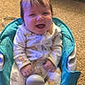 baby, child, infant, smiling, happy, portrait, seated, high_chair, orange_bows, hair_bows, pajamas, onesie, carpet, indoor, home, turquoise_seat, face, hands, baby_furniture, photography
