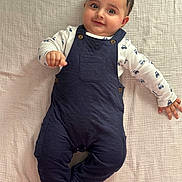 Ibrahim joined the competition — help win amazing prizes! baby, infant, child, overalls, blue_clothing, white_shirt, patterned_clothing, face, smile, lying_down, blanket, soft_texture, hand, foot, cute, indoors, portrait, happy, young, eyes