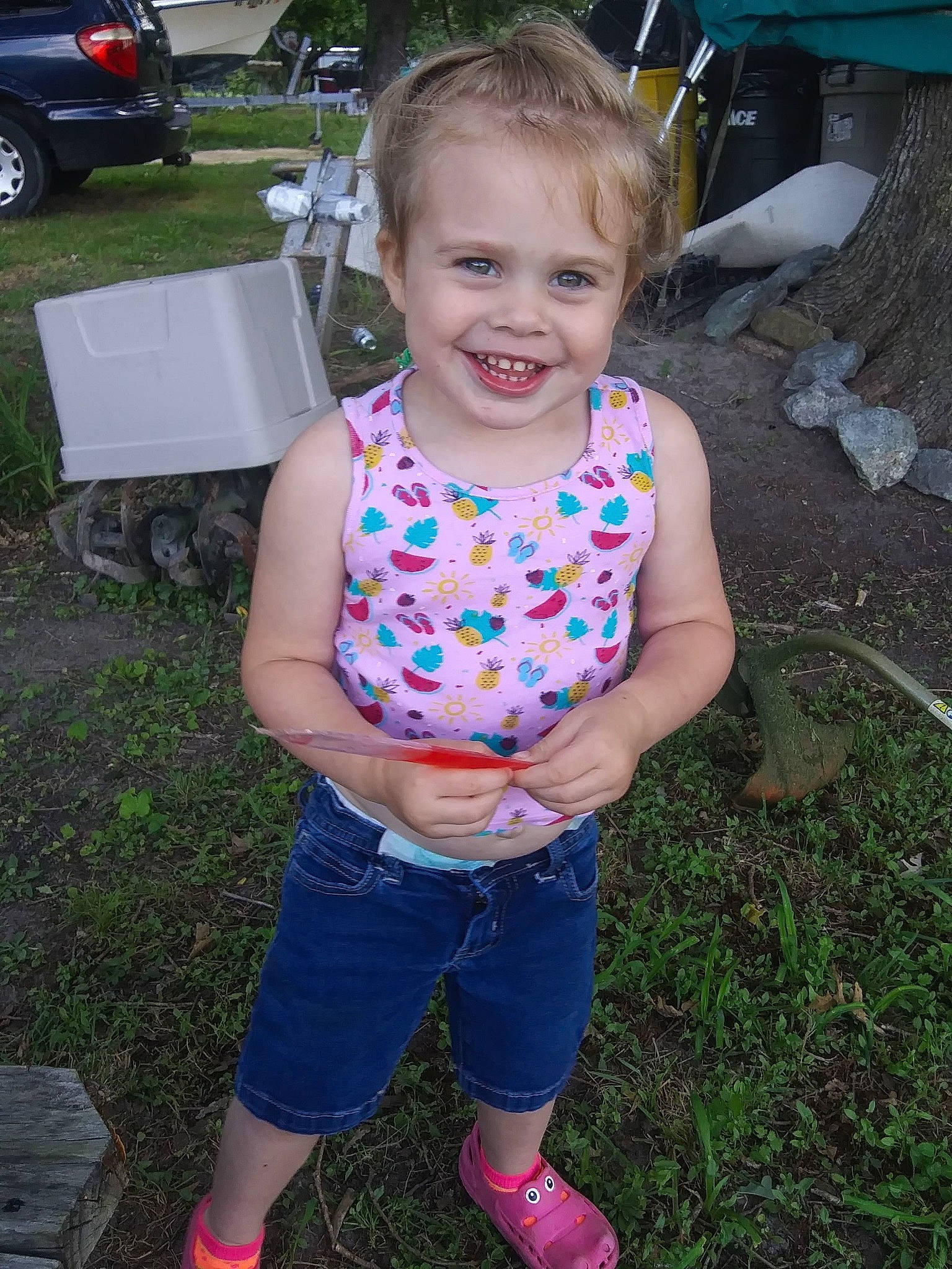 Levi is registered to the contest to win money with this photo: baby_toddler_clothing, blue, eye, fun, grass, green, hair, hairstyle, happy, head, joy, leisure, person, pink, shorts, skin, smile, summer, tire, toddler