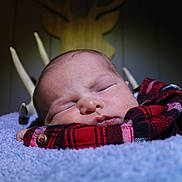 Sutton is registered to the contest to win money with this photo: baby, sleeping, plaid_shirt, red_clothing, blue_blanket, soft_texture, wooden_deer_head, antlers, close_up, face, peaceful, indoors, portrait, newborn, child, resting, cozy, warm_lighting, background_blur, cute