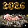 baby, background, balloons, black, celebration, christmas, cute, decorations, festive, gold, holiday, infant, lying_down, new_year, portrait, santa_hat, silver, smiling, tinsel, wreath