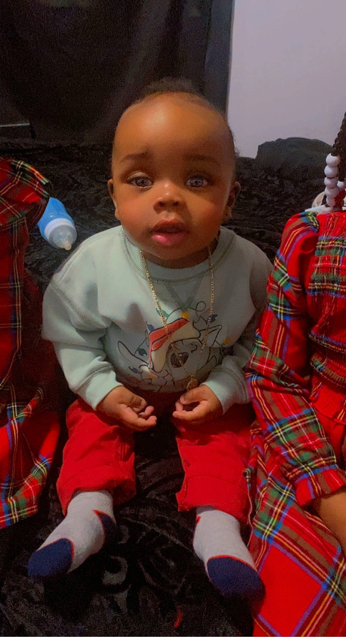 Deangelo joined the competition — help win amazing prizes! baby, baby_toddler_clothing, cheek, child, event, facial_expression, fun, happy, human, lap, pattern, person, plaid, red, sitting, skin, sleeve, sock, standing, tartan