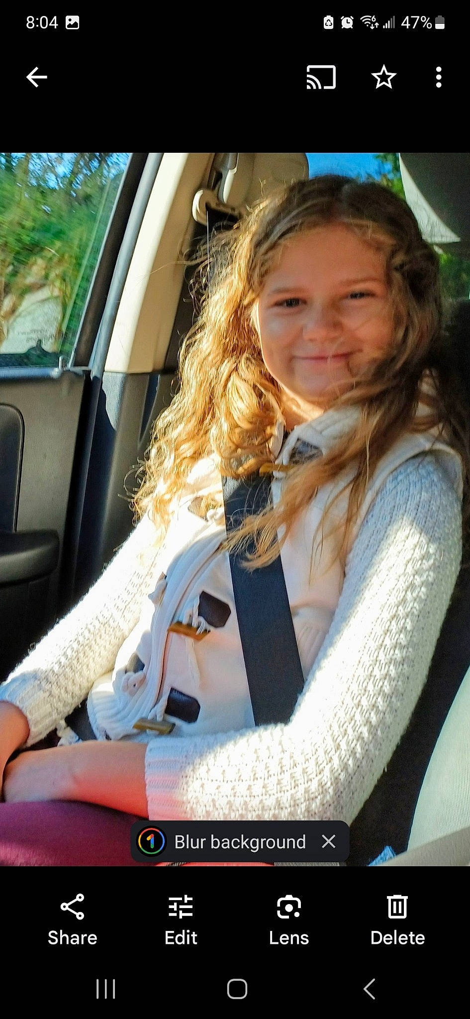 Lillian is registered to the contest to win money with this photo: auto_part, automotive_design, automotive_exterior, blond, car, car_seat, car_seat_cover, electric_blue, eyewear, face, family_car, fur, joy, long_hair, motor_vehicle, person, personal_luxury_car, smile, steering_wheel, sunglasses