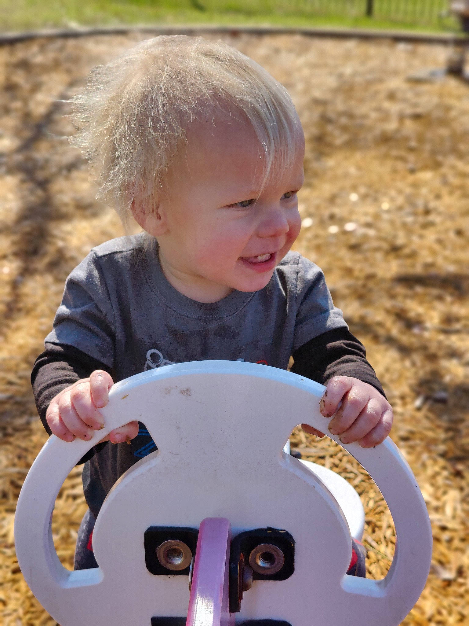 Beaux is registered to the contest to win money with this photo: arm, baby_toddler_clothing, clothing, eye, facial_expression, fun, grass, hairstyle, hand, happy, head, human, human_body, people_in_nature, person, photograph, smile, t_shirt, tire, toddler