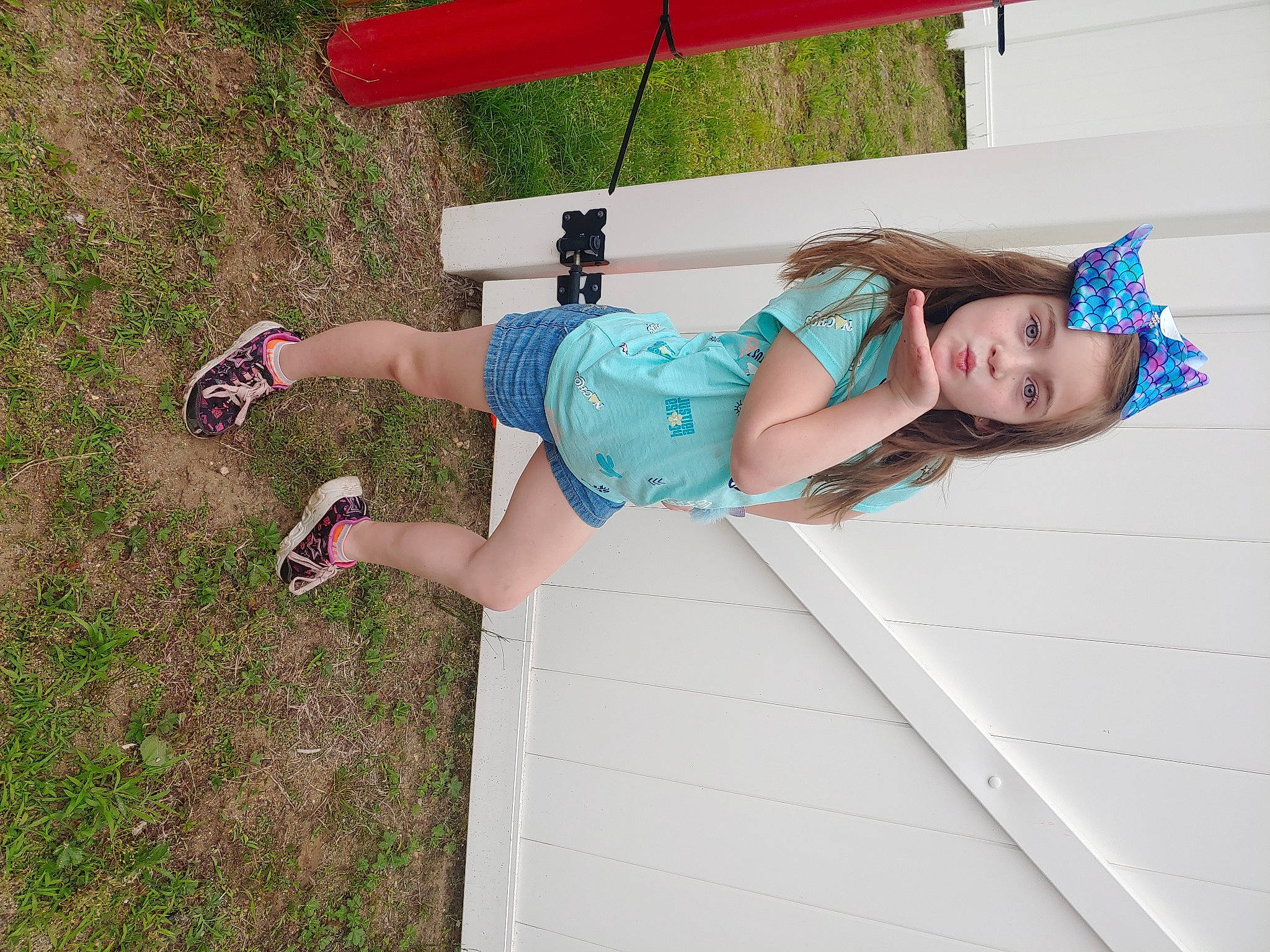 Riley Lynn joined the competition — help win amazing prizes! dress, electric_blue, fashion_accessory, fun, grass, happy, human_leg, joint, leg, leisure, magenta, person, pink, plant, recreation, sandal, smile, street_fashion, thigh, toddler