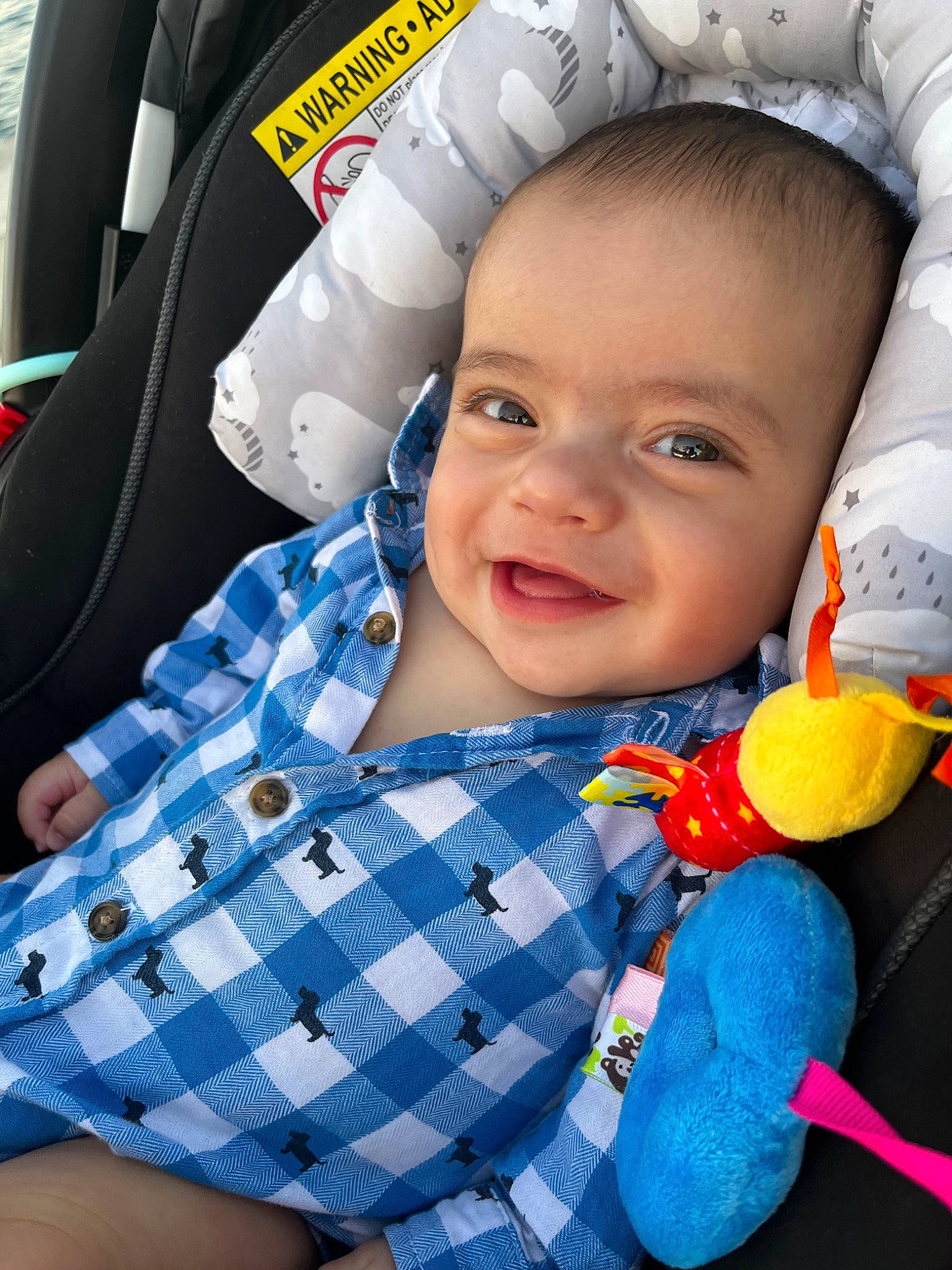 Elijah is registered to the contest to win money with this photo: baby_toddler_clothing, car_seat, child, design, electric_blue, eye, finger, fun, gesture, happy, joy, lip, nose, pattern, person, plaid, product, skin, smile, tartan