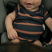 Ocean joined the competition — help win amazing prizes! baby, child, car_seat, onesie, striped_clothing, infant, smiling, face, blue_eyes, skin, cute, seated, safety_harness, small_hand, portrait, indoors, person, young_child, clothing, expression