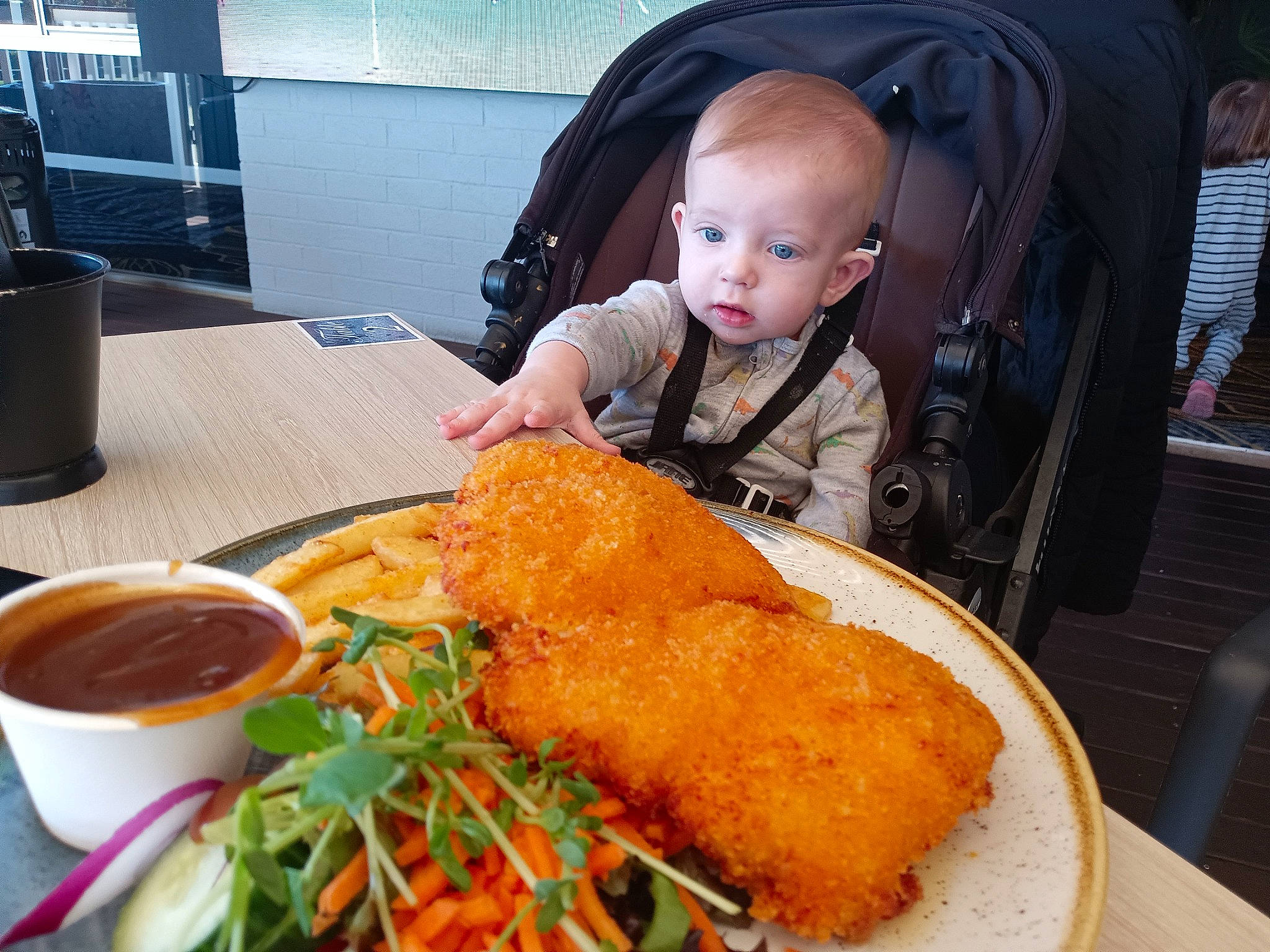 Tommy Jay joined the competition — help win amazing prizes! baby, chair, condiment, cuisine, cutlet, deep_frying, dish, food, fried_fish, fried_food, ingredient, korokke, panko, person, plate, produce, recipe, schnitzel, tableware, toddler