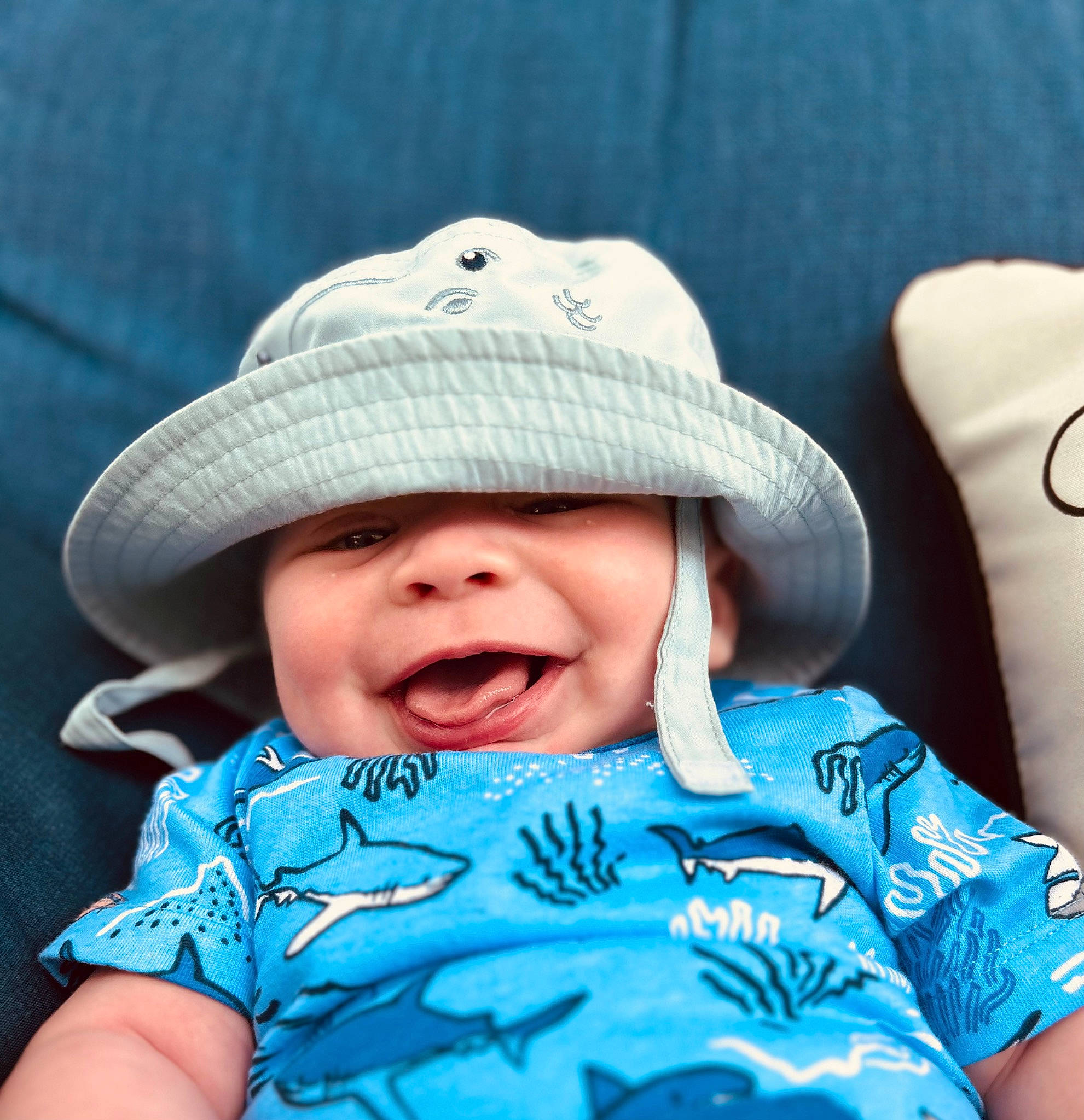 Boone joined the competition — help win amazing prizes! azure, baby, baby_toddler_clothing, blue, cap, cool, facial_expression, flash_photography, happy, hat, headgear, headwear, lip, mouth, person, photograph, skin, sleeve, smile, sun_hat