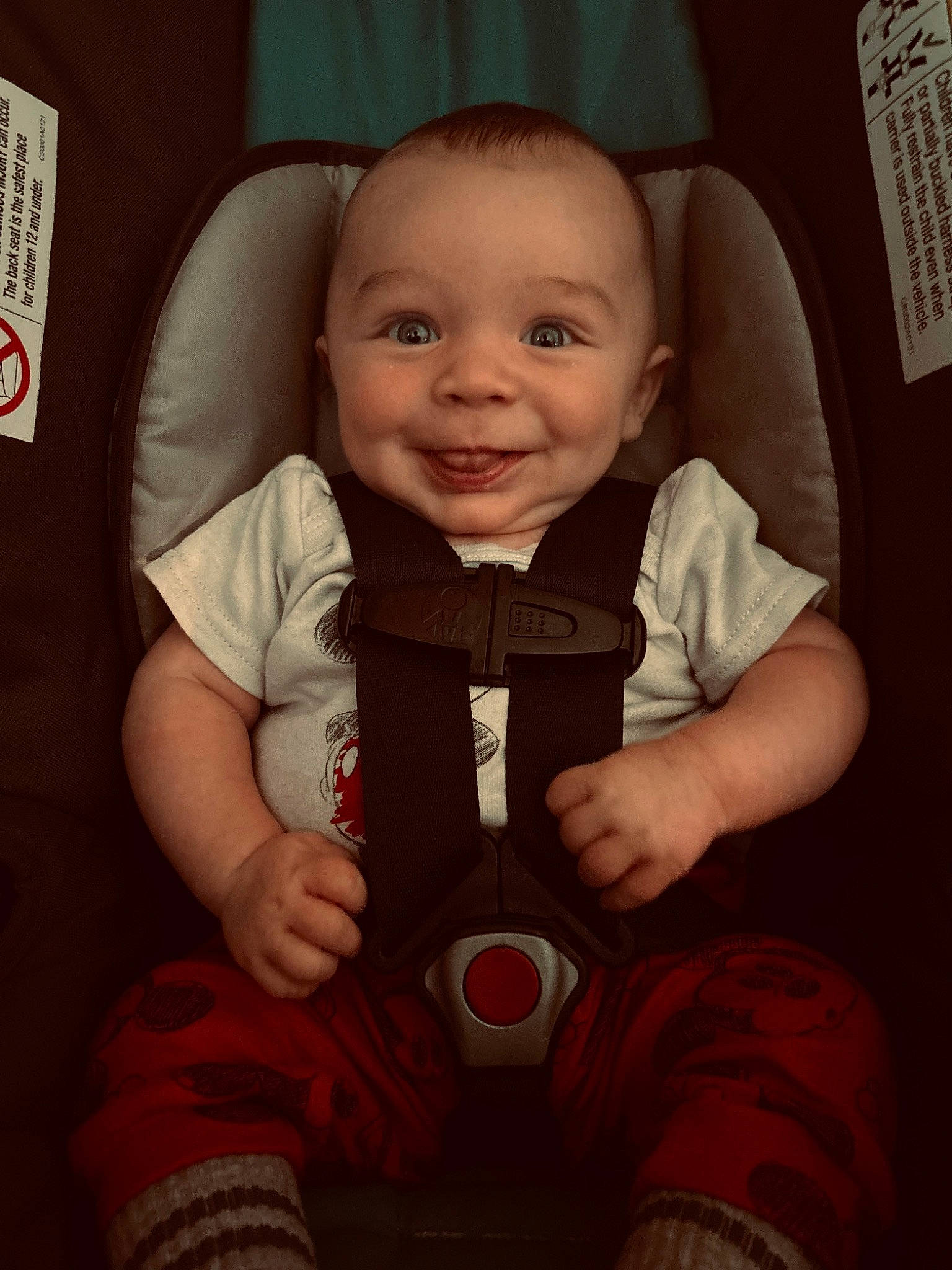 Boone is registered to the contest to win money with this photo: baby, baby_products, baby_toddler_clothing, cheek, child, comfort, eye, finger, fun, happy, joy, mouth, nose, outerwear, person, sitting, skin, sleeve, smile, t_shirt