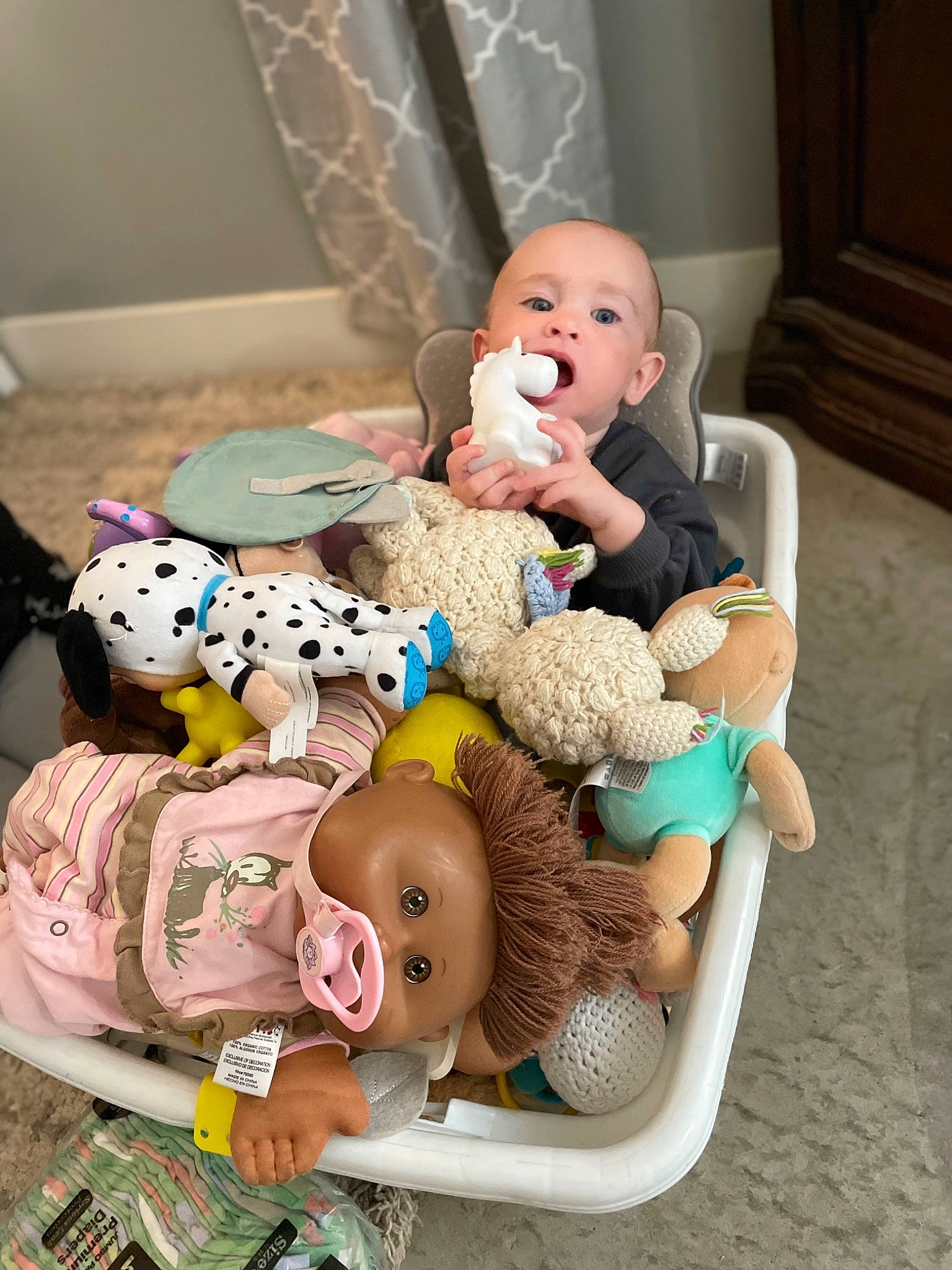 Guinevere is registered to the contest to win money with this photo: baby, baby_products, baby_safety, baby_sleeping, baby_toddler_clothing, baby_toys, cheek, child, comfort, doll, eye, infant_bed, person, pink, product, sitting, skin, stuffed_toy, toddler, toy