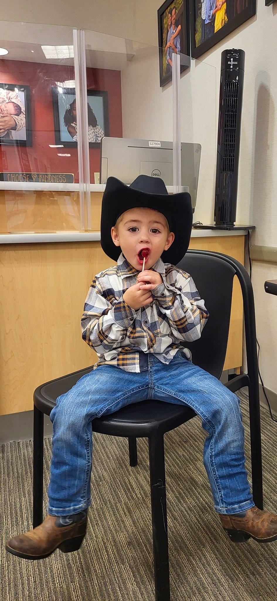 Jaxton joined the competition — help win amazing prizes! chair, costume, costume_hat, denim, fashion_accessory, fedora, flooring, fun, hat, headwear, jeans, musical_instrument, musician, person, sitting, standing, stool, sun_hat, surprise, toddler