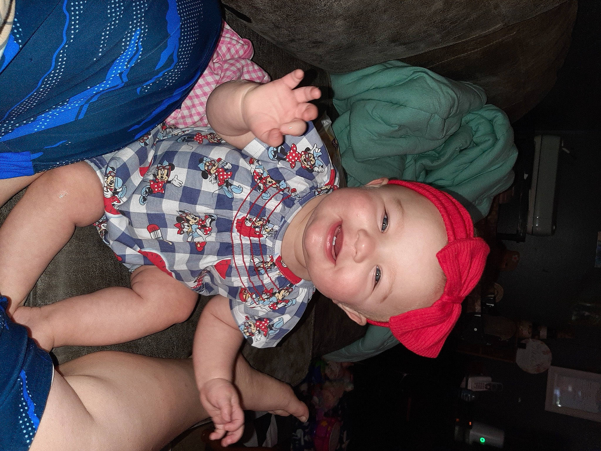 Lillianna joined the competition — help win amazing prizes! baby, baby_toddler_clothing, blue, cheek, comfort, fun, headwear, human_body, human_leg, joy, lap, mouth, nail, pattern, person, plaid, skin, sleeve, smile, thigh