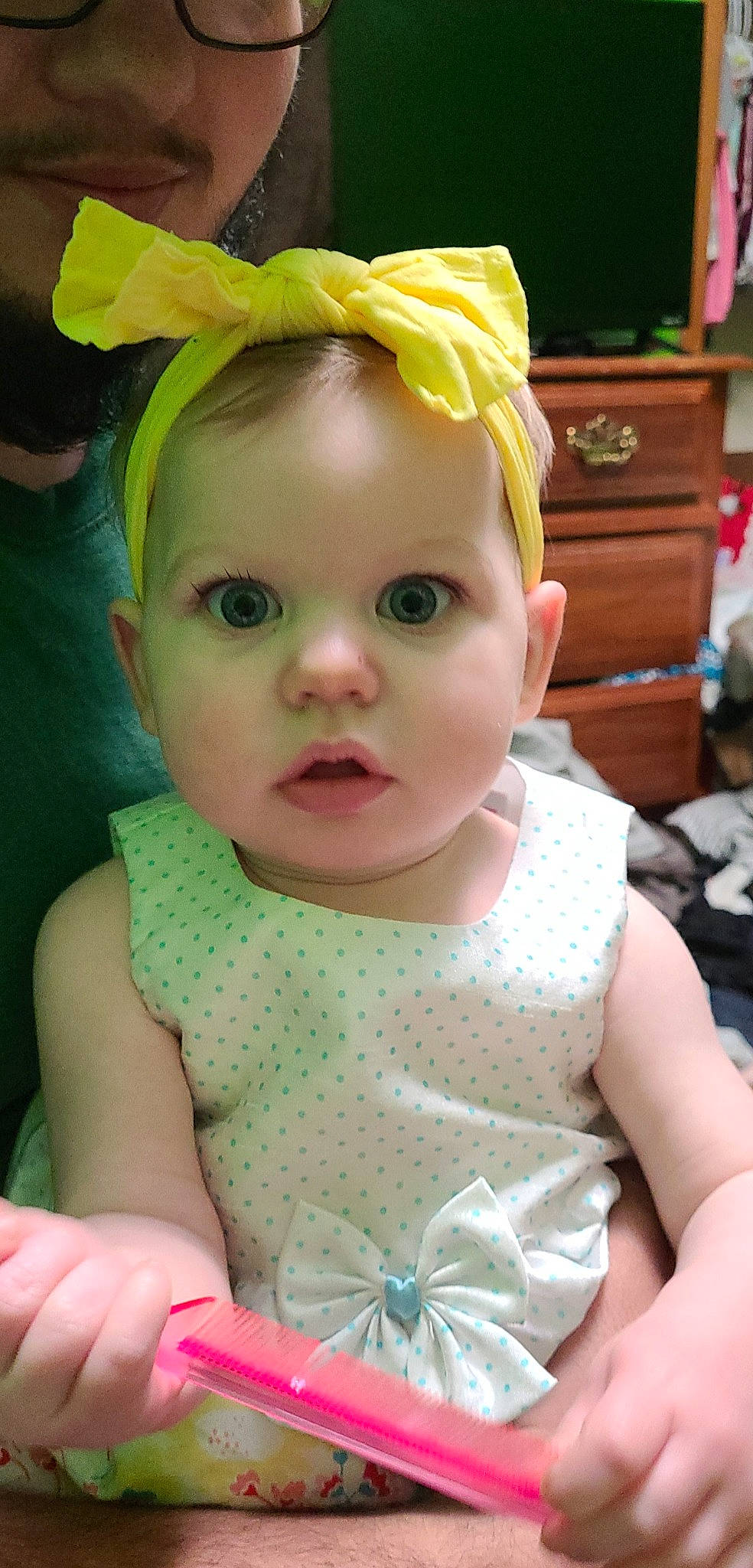 Emberleigh is registered to the contest to win money with this photo: baby_toddler_clothing, cabinetry, cheek, chin, cool, costume_hat, eye, eyebrow, eyelash, hair, happy, iris, lip, mouth, nose, person, photograph, pink, skin, surprise